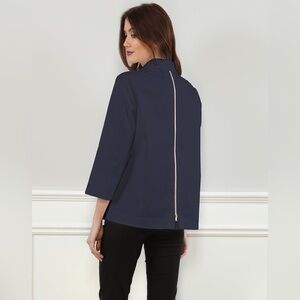 Hinson Wu Xena 3/4 Sleeve Zip Back Button Down Shirt Navy Small